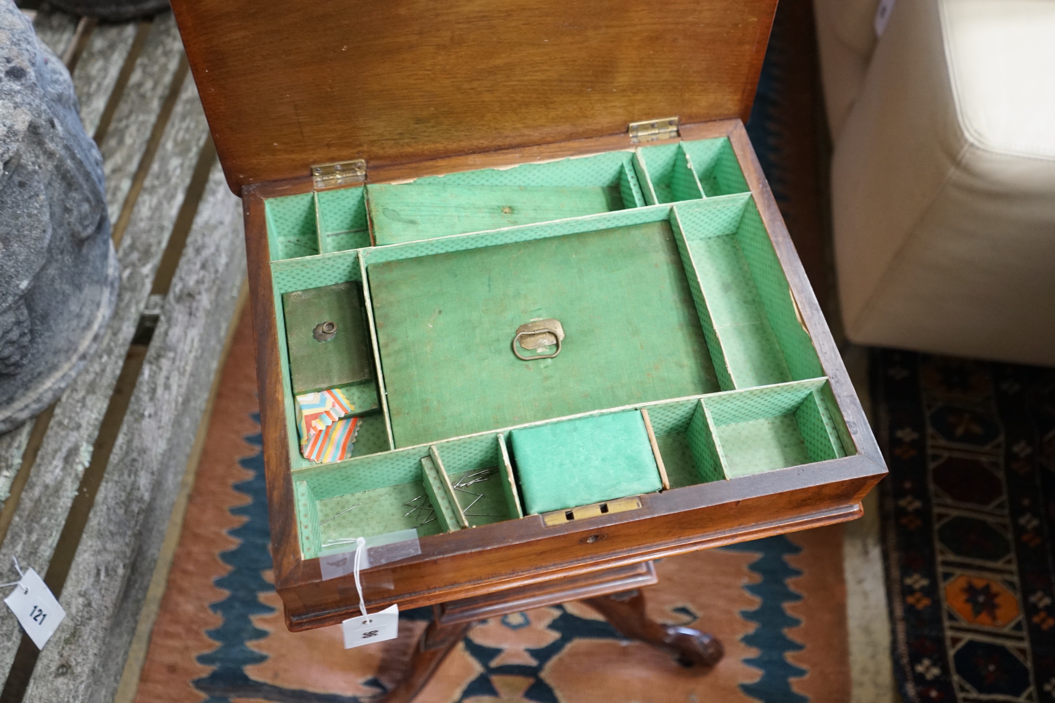 A Victorian marquetry inlaid walnut work box, width 40cm, depth 32cm, height 74cm